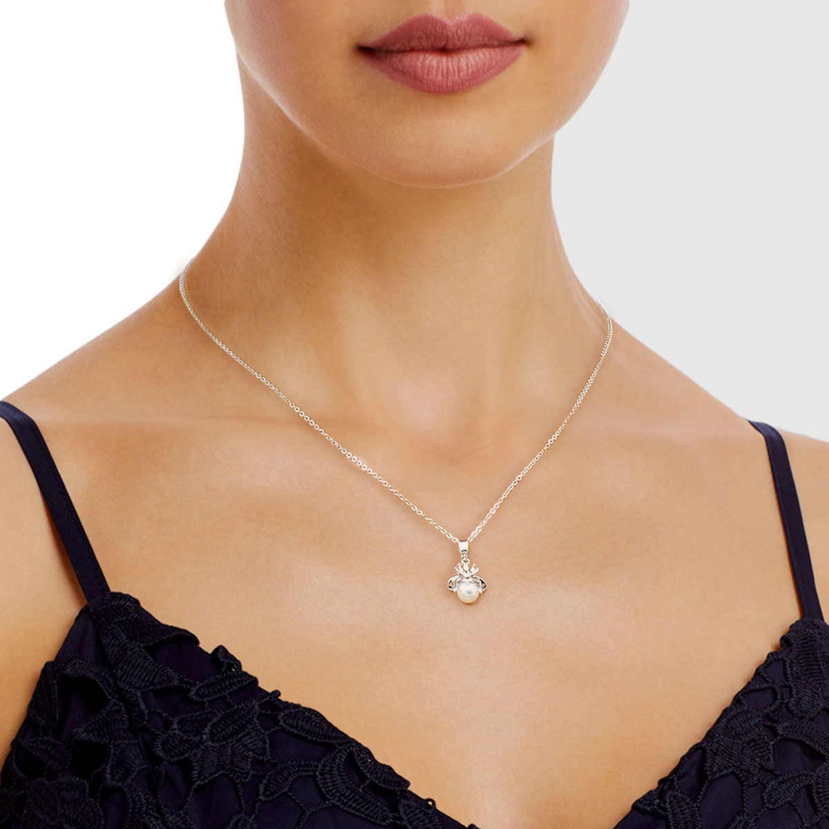 Silver Pearl and CZ Cute Bee Necklace