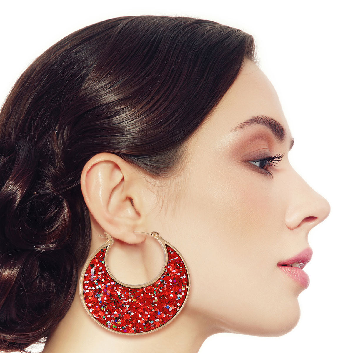 Red Glitter Crescent Hoops