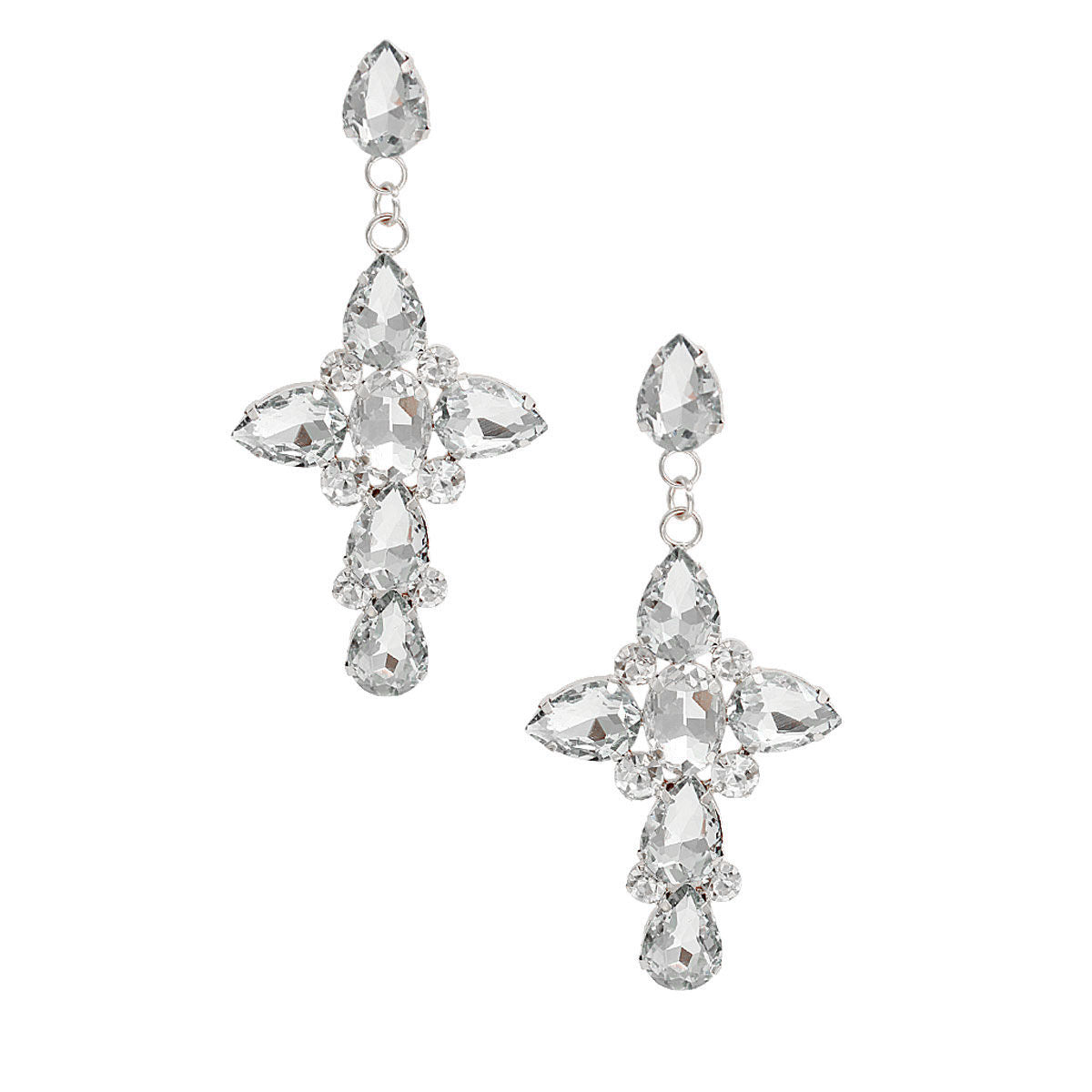 Silver Teardrop Crystal Cross Earrings