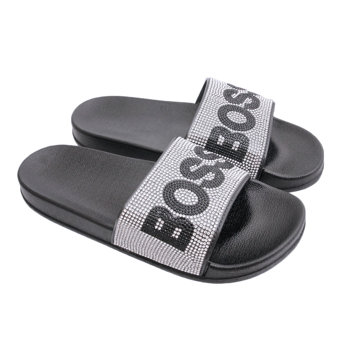 Size 9 Silver BOSS Black Slides