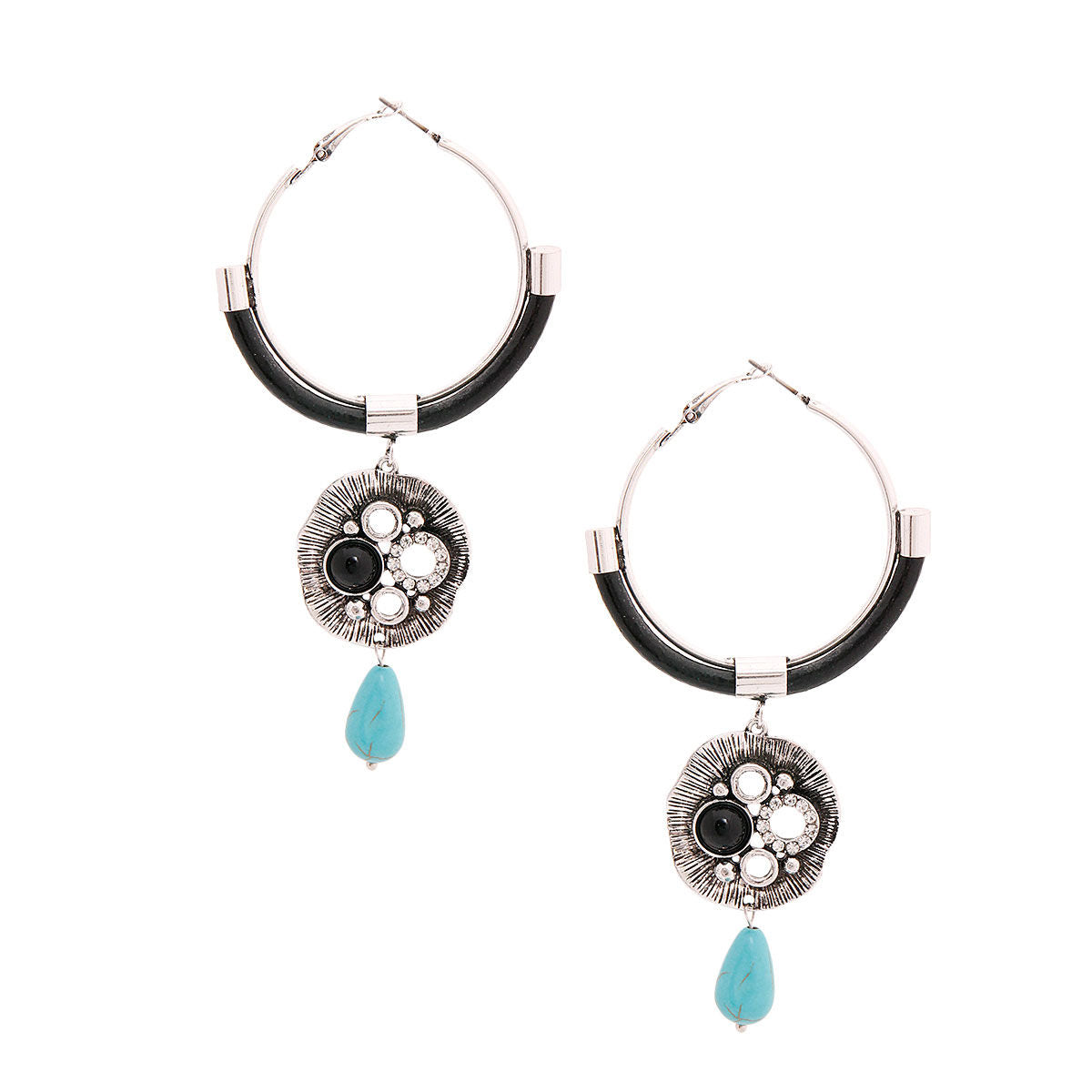 Burnished Silver Turquoise Drop Hoops