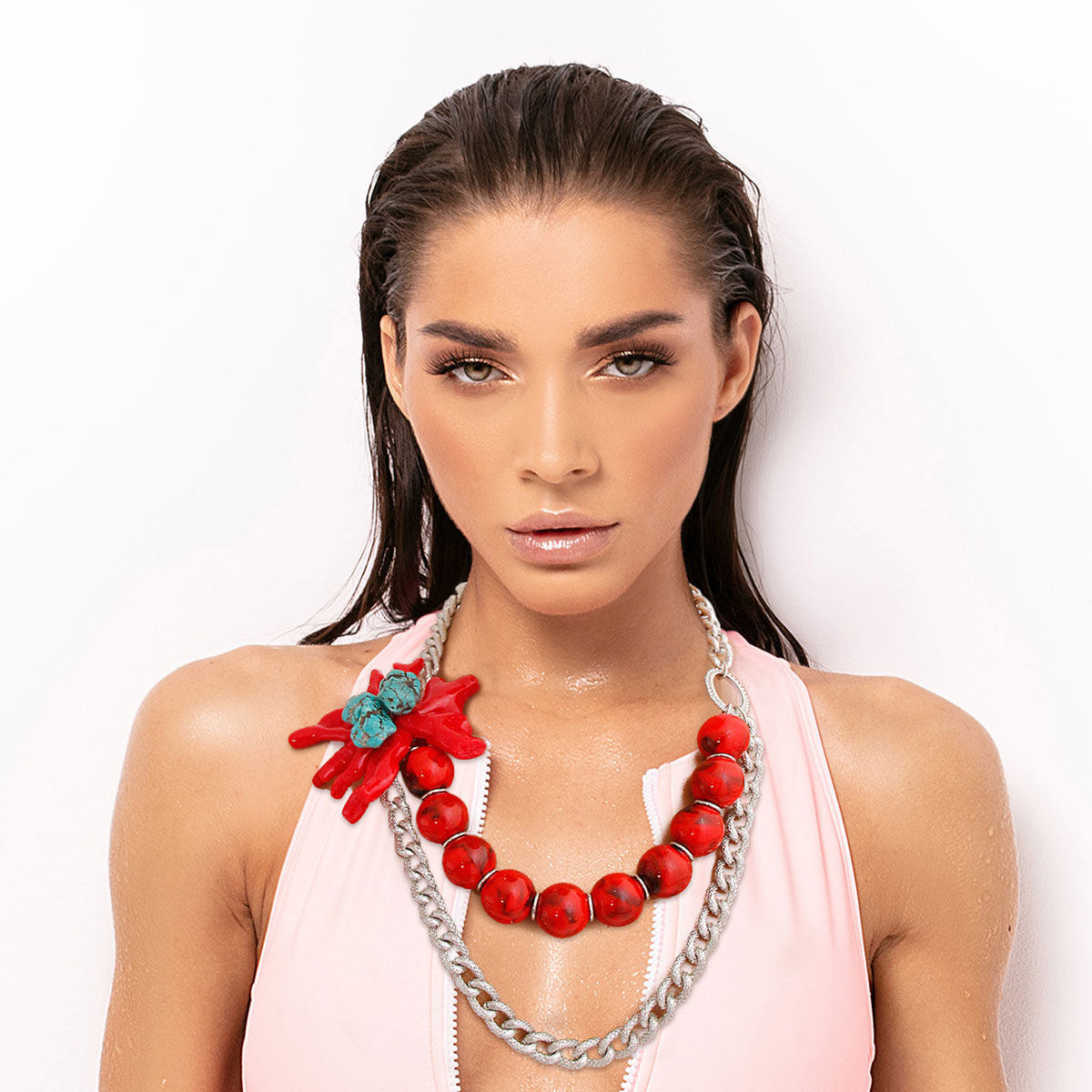 Red and Silver Coral Necklace