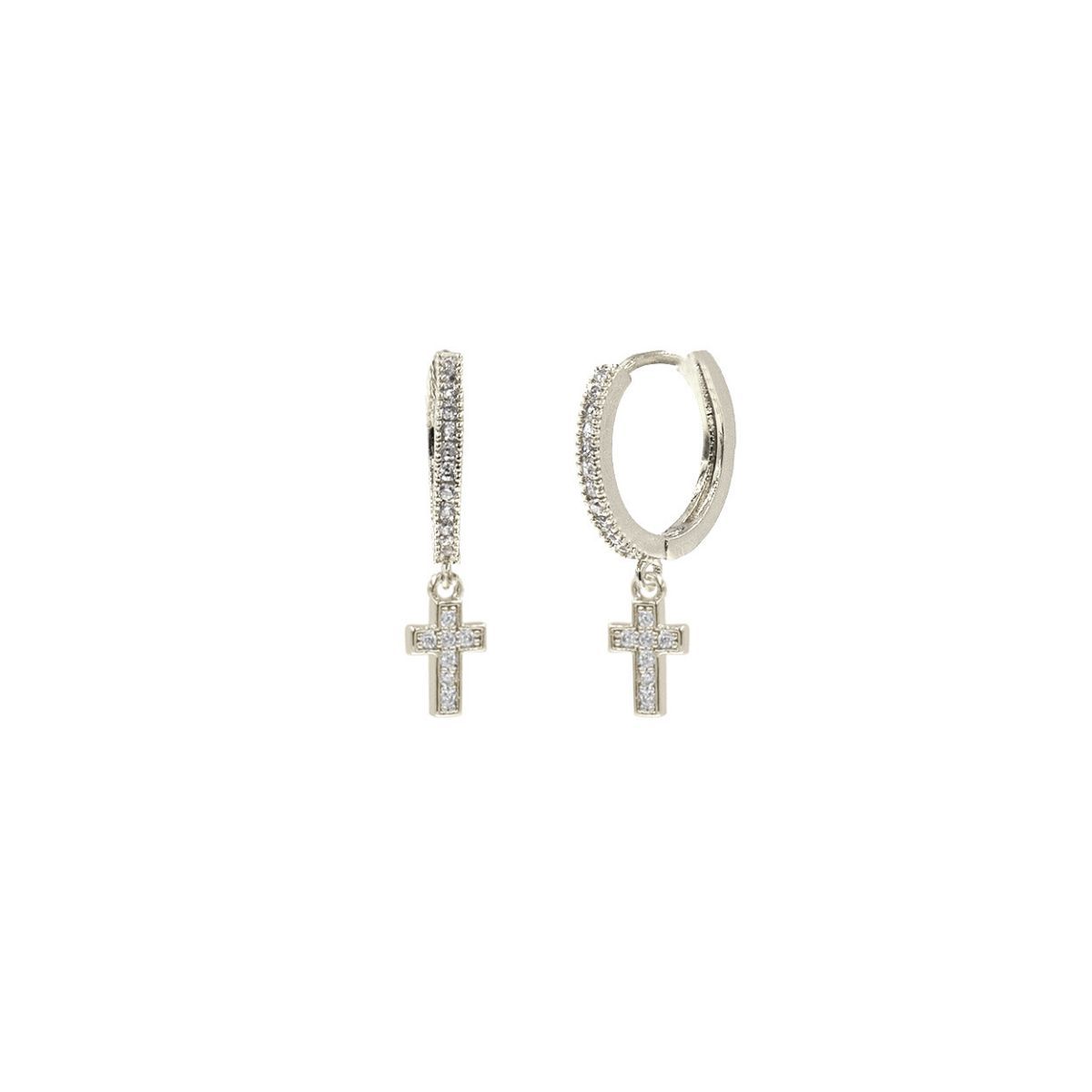 CZ Pave Silver Cross Huggie Hoops