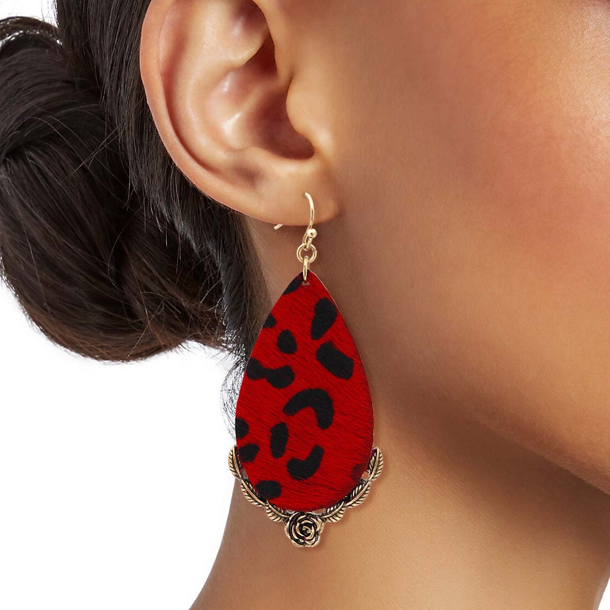 Red Leather Animal Print Teardrop Earrings