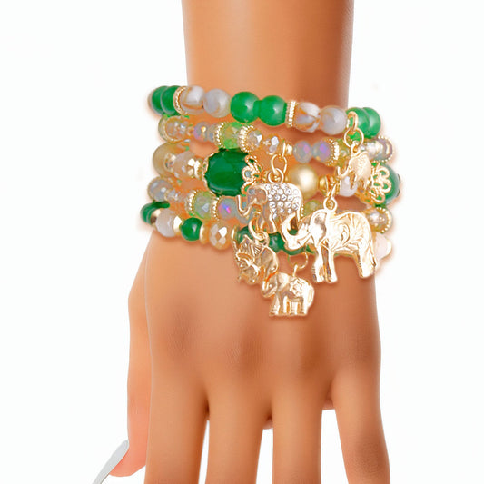 Green Beaded Elephant Charm 5 Bracelets