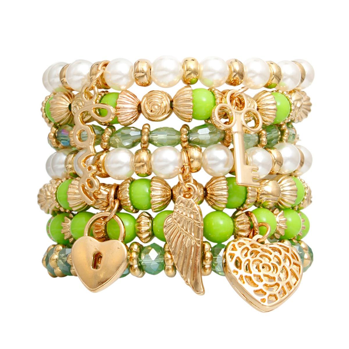 Pearl Bracelet Green White Bead Set for Women