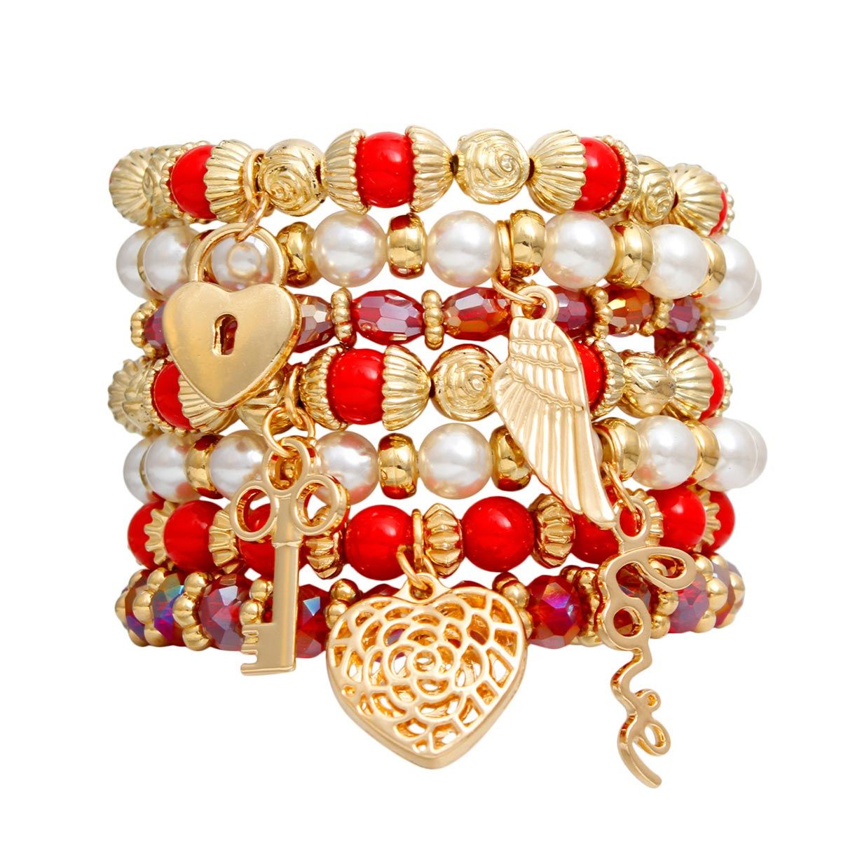 Pearl Bracelet Red White Bead Set for Women