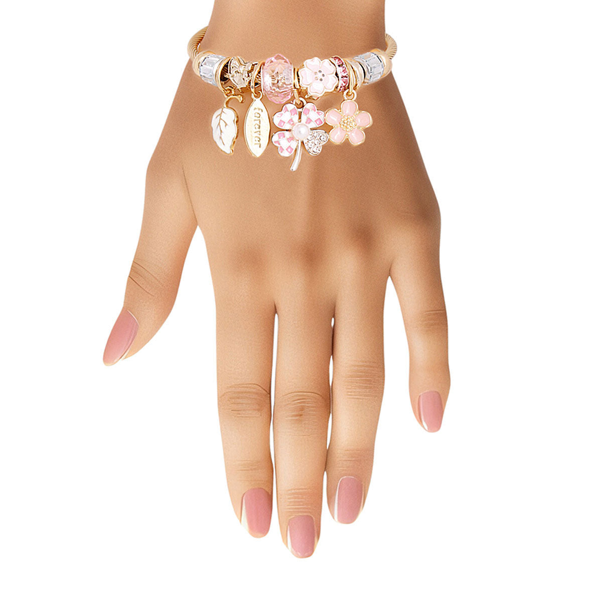 Gold Pink Clover Cable Bangle