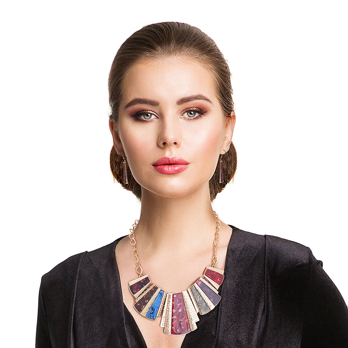 Multi Color Marbled Squared Collar Necklace