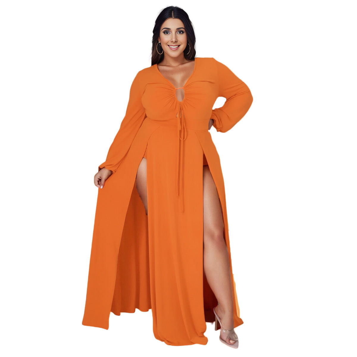 3XL Bright Orange Sexy Slit Dress