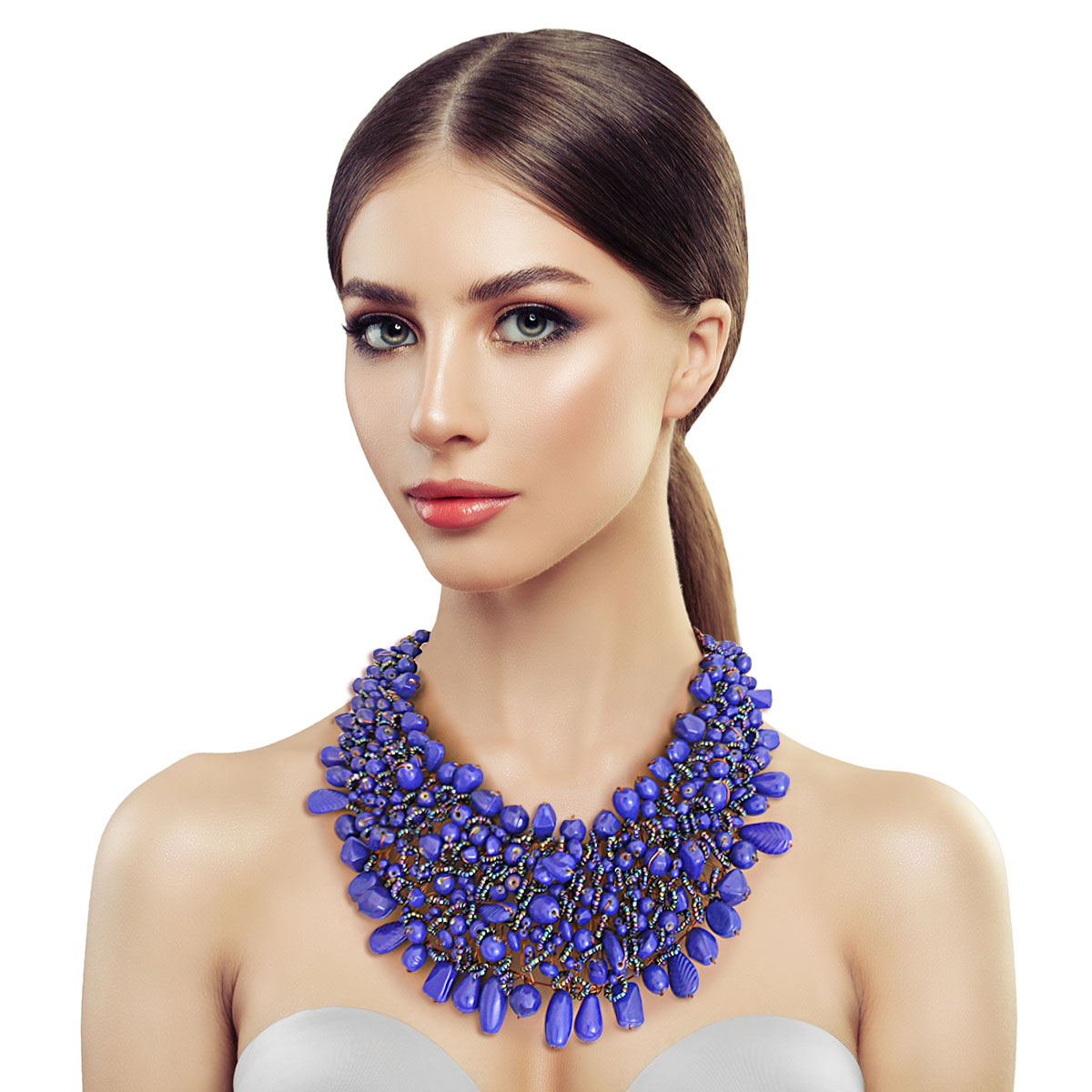 Dark Purple Blue Bead and Copper Bib Necklace