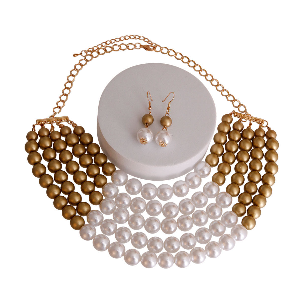 Matte Gold and White Pearl 5 Row Necklace