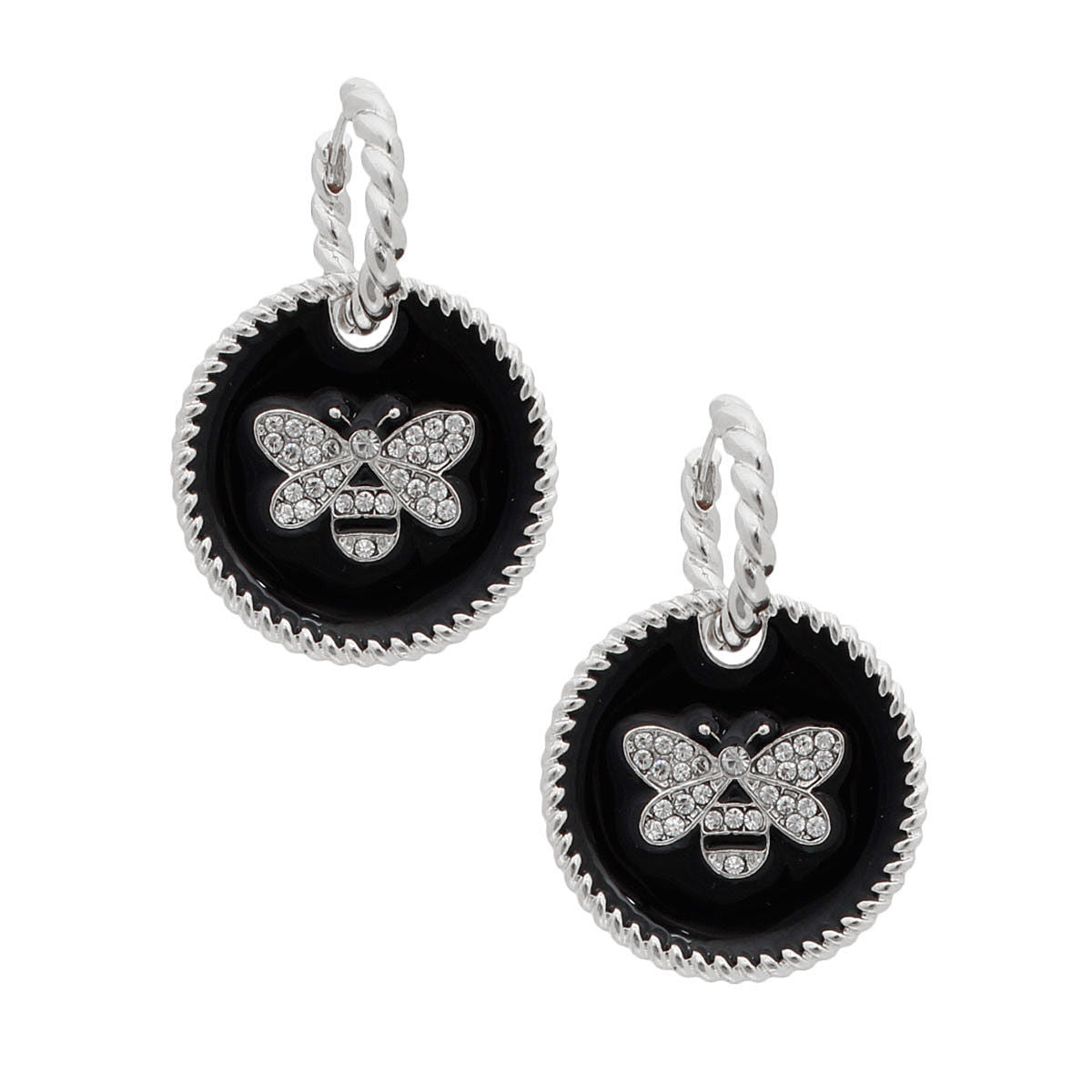 Black Bee Charm Twisted Silver Hoops