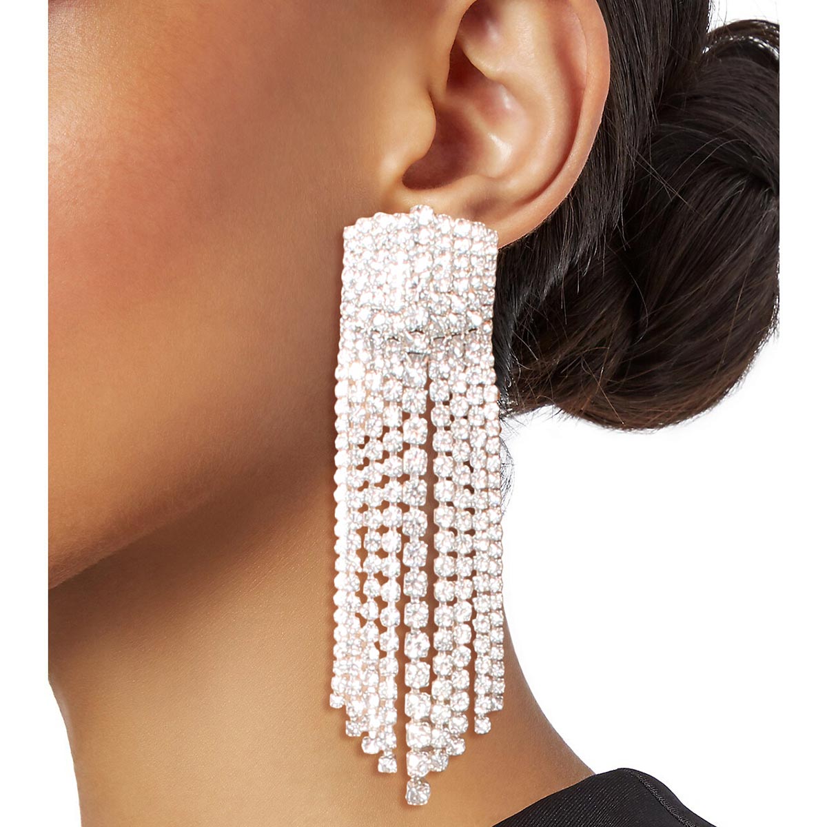 Silver Rectangle Iced Fringe Earrings