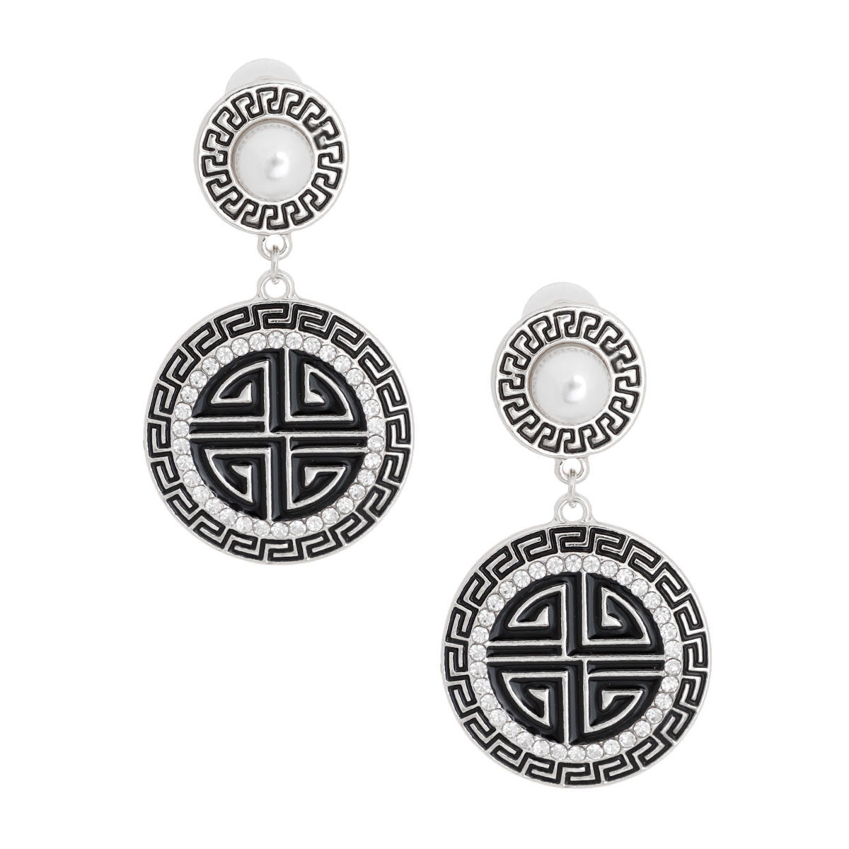 Silver Black Round Greek Key Charm Earrings