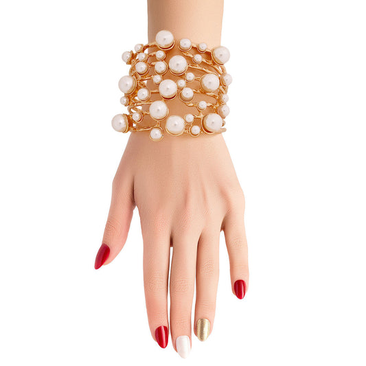 Cream Pearl Studded Gold Hinge Cuff