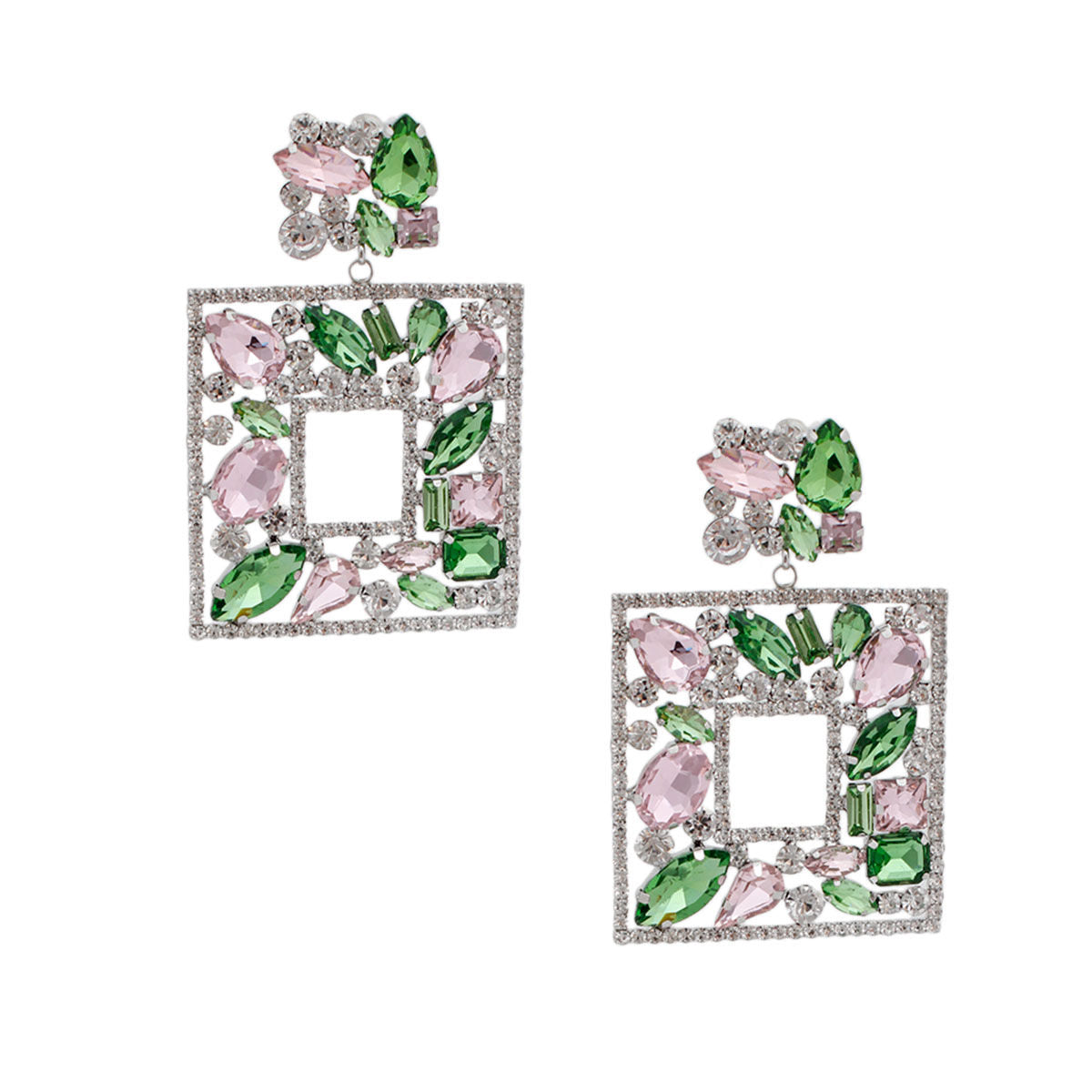 Light Pink Green Glass Crystal Square Earrings