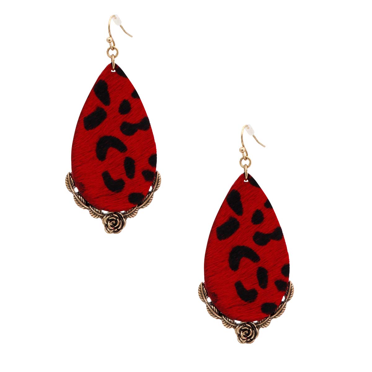 Red Leather Animal Print Teardrop Earrings
