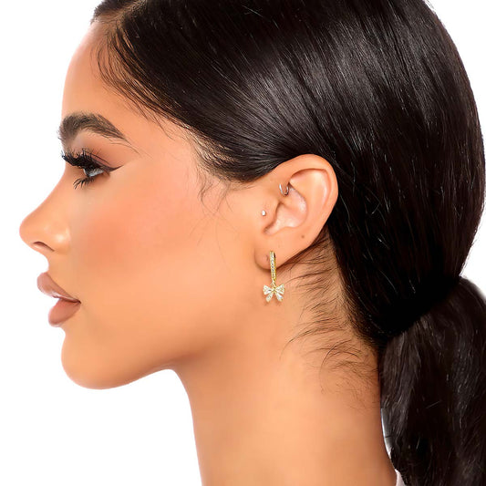 CZ Pave Huggie Hoop Bow Ear Cuff Set