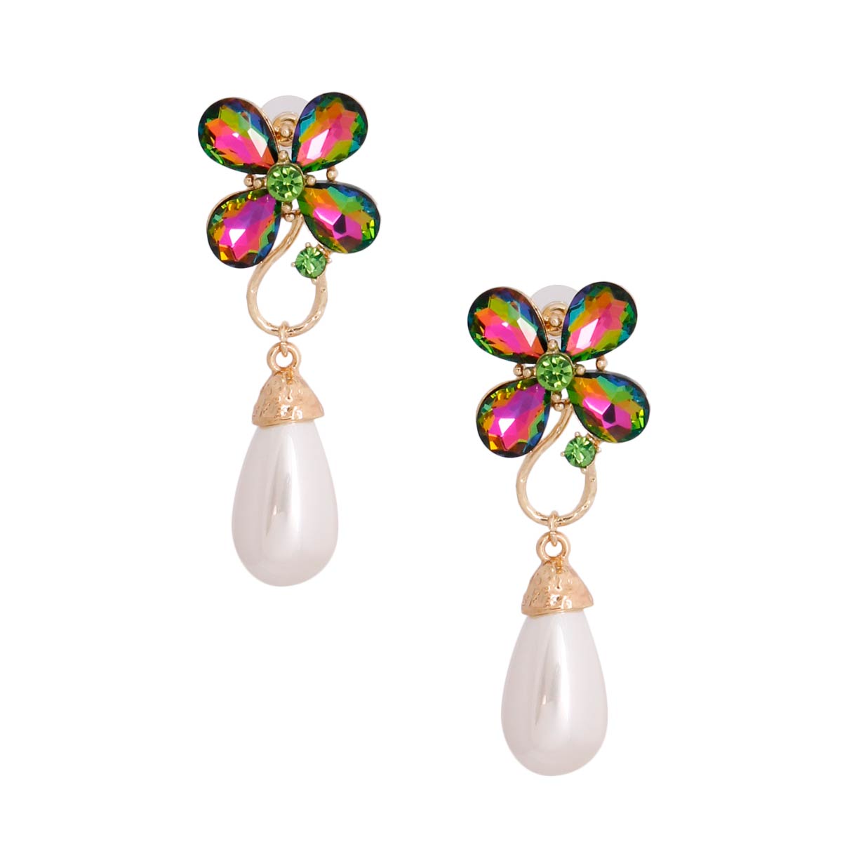 Pink Green Flower Pearl Teardrop Earrings