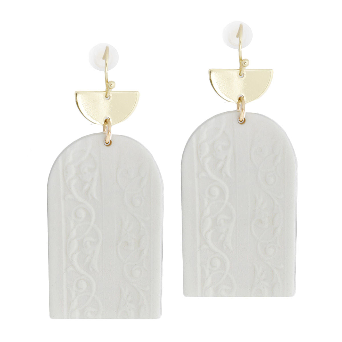 White Clay Rounded Rectangle Floral Bridal Earrings
