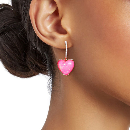 Silver Fuchsia Heart Huggie Hoops