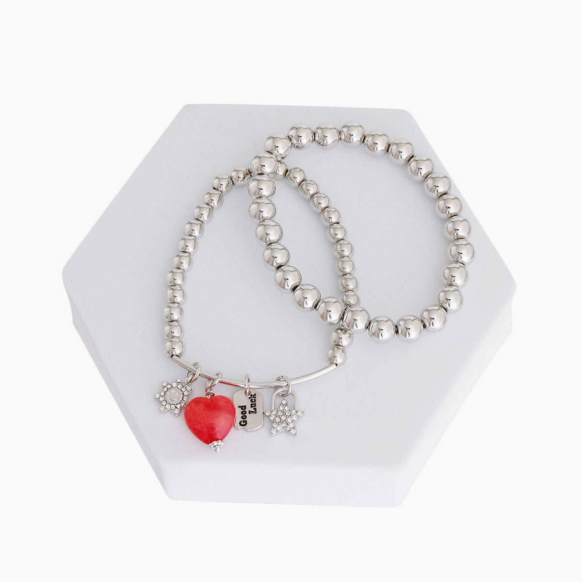 Silver Bead 2 Pcs Heart Charm Bracelets