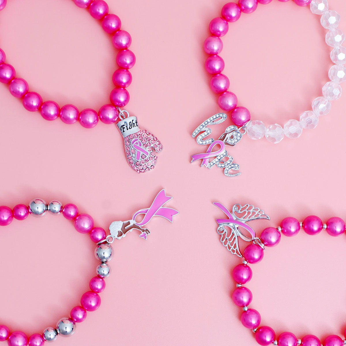 Pink Pearl Cancer Charm Bracelets