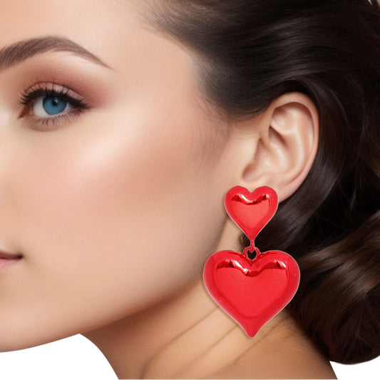 Dangle Red Med Puffy Metal Heart Earrings Women