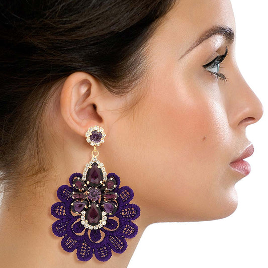 Purple Fabric Lace Crystal Earrings