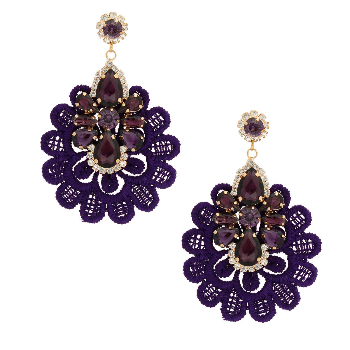 Purple Fabric Lace Crystal Earrings