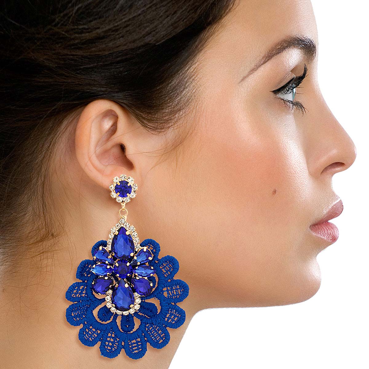 Royal Blue Fabric Lace Crystal Earrings