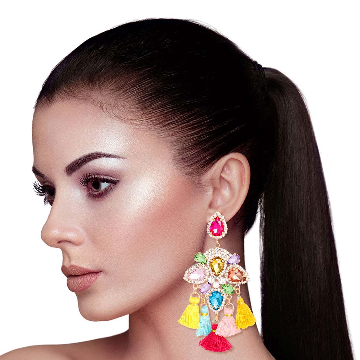 Multi Five Tassel Stone Earrings