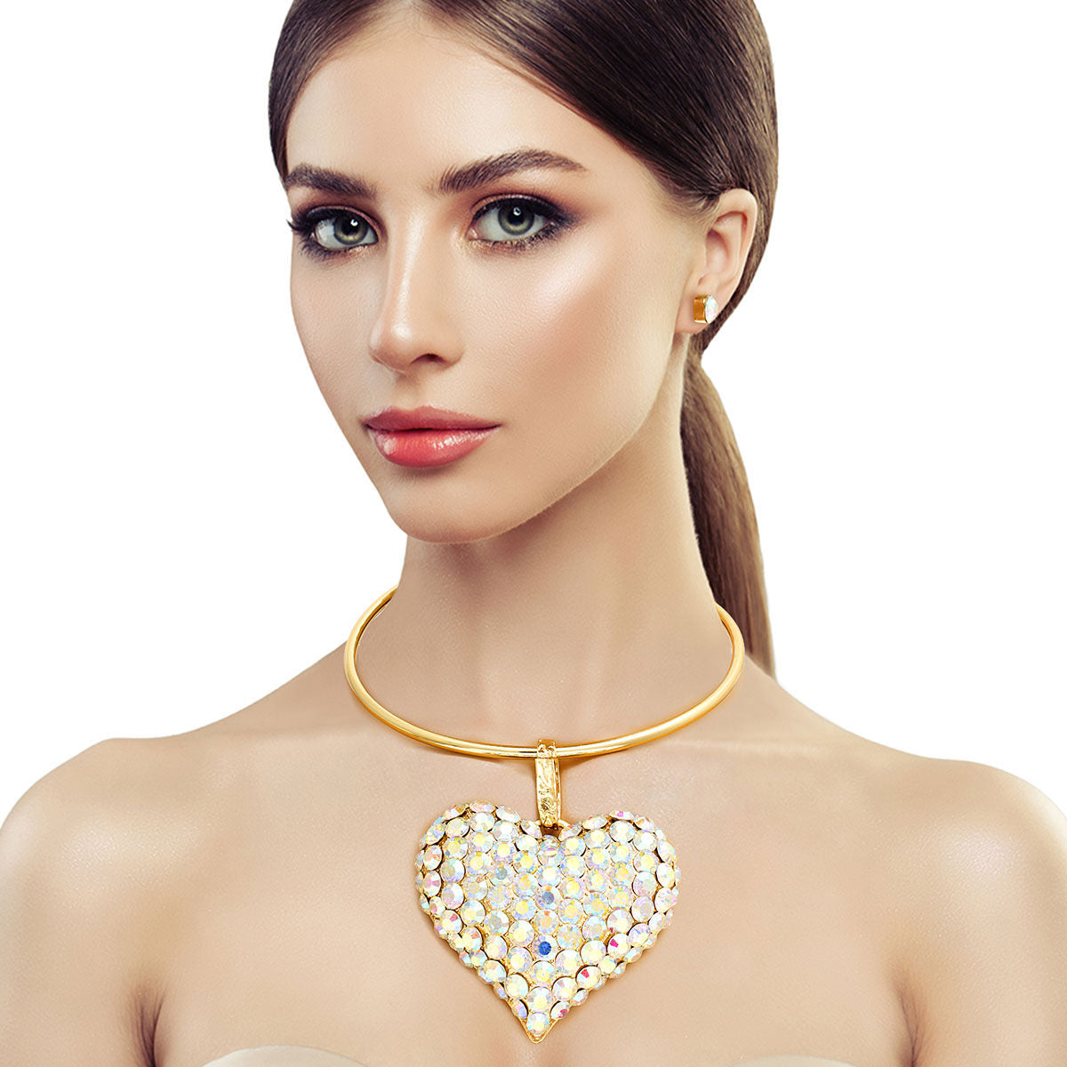 Gold Collar XL Aurora Borealis Heart Set
