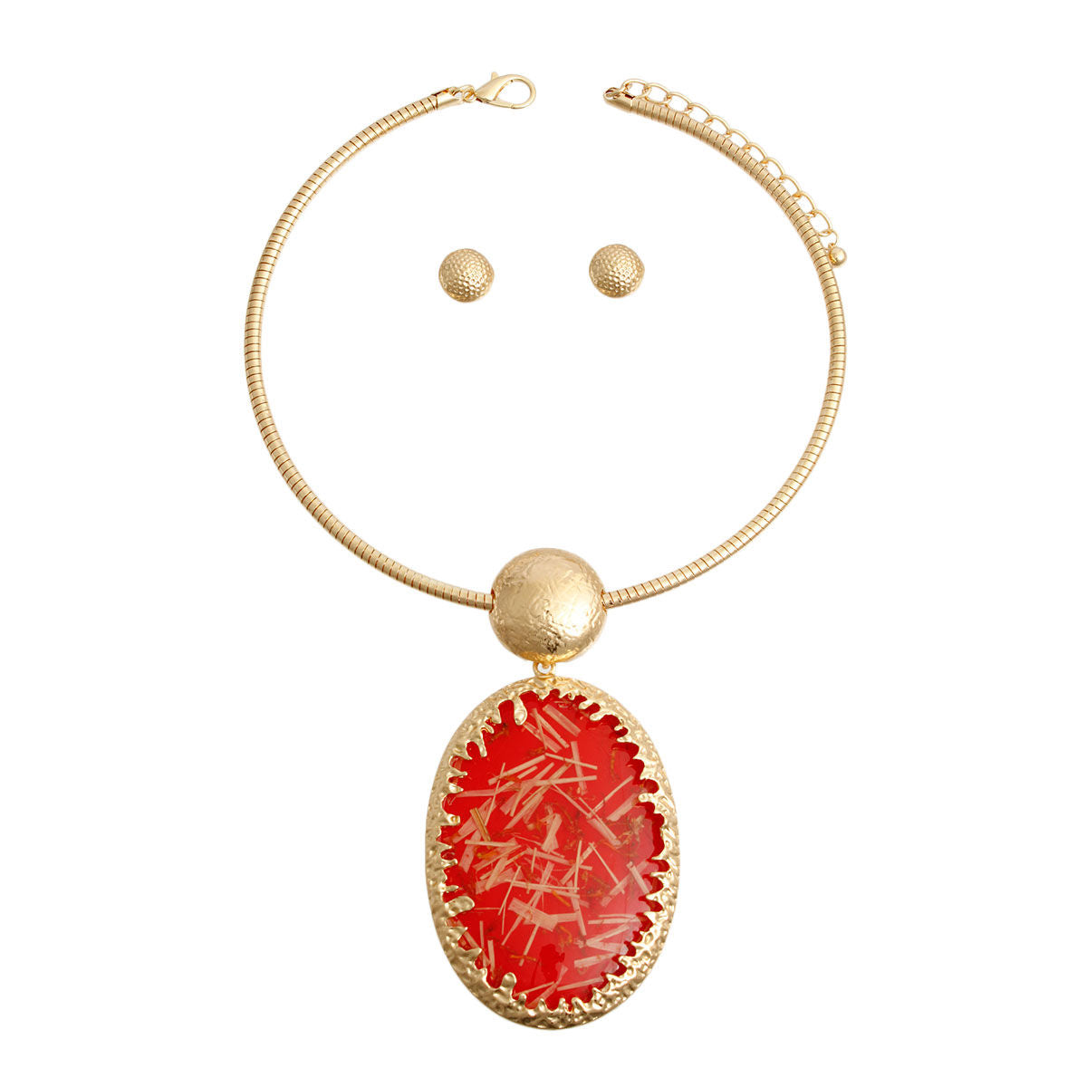 Oval Red Confetti Gold Collar Necklace