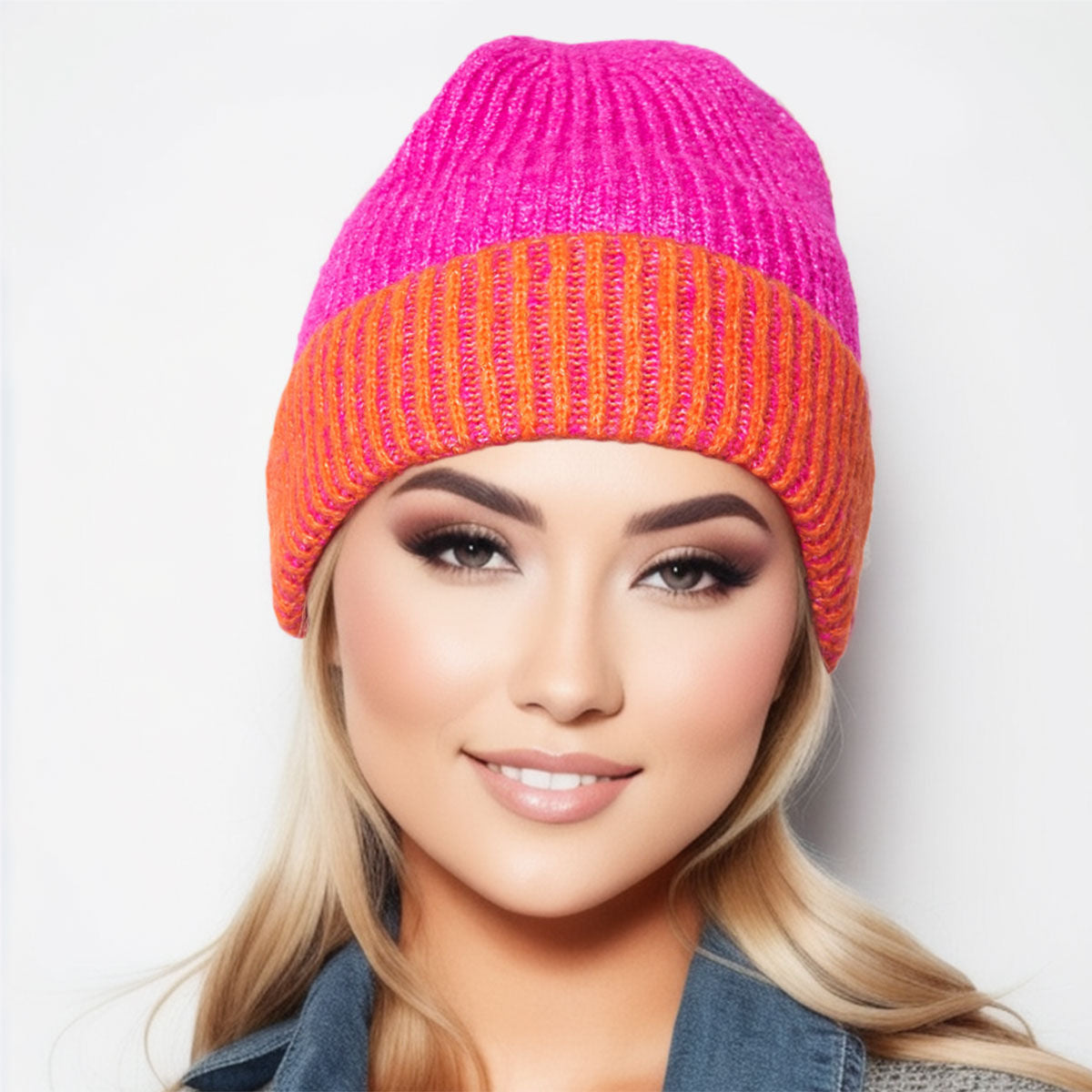 Beanie Fuchsia Two Tone Cuffed Hat for Women