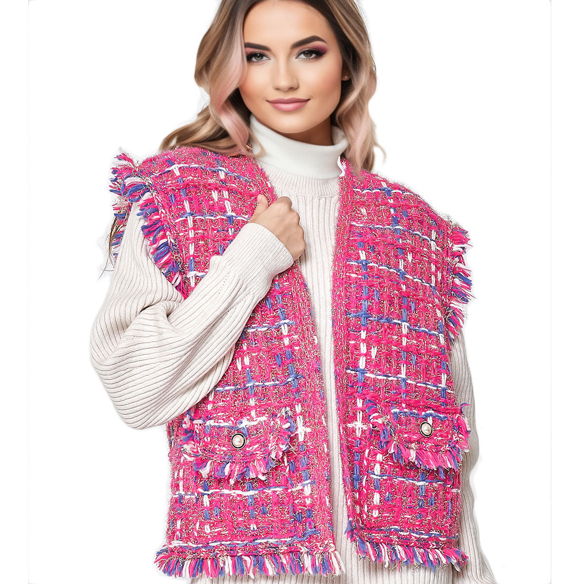 Vest Plaid Tweed Pink Vest for Women