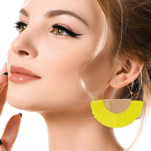 Neon Yellow Fan Tassel Hoops