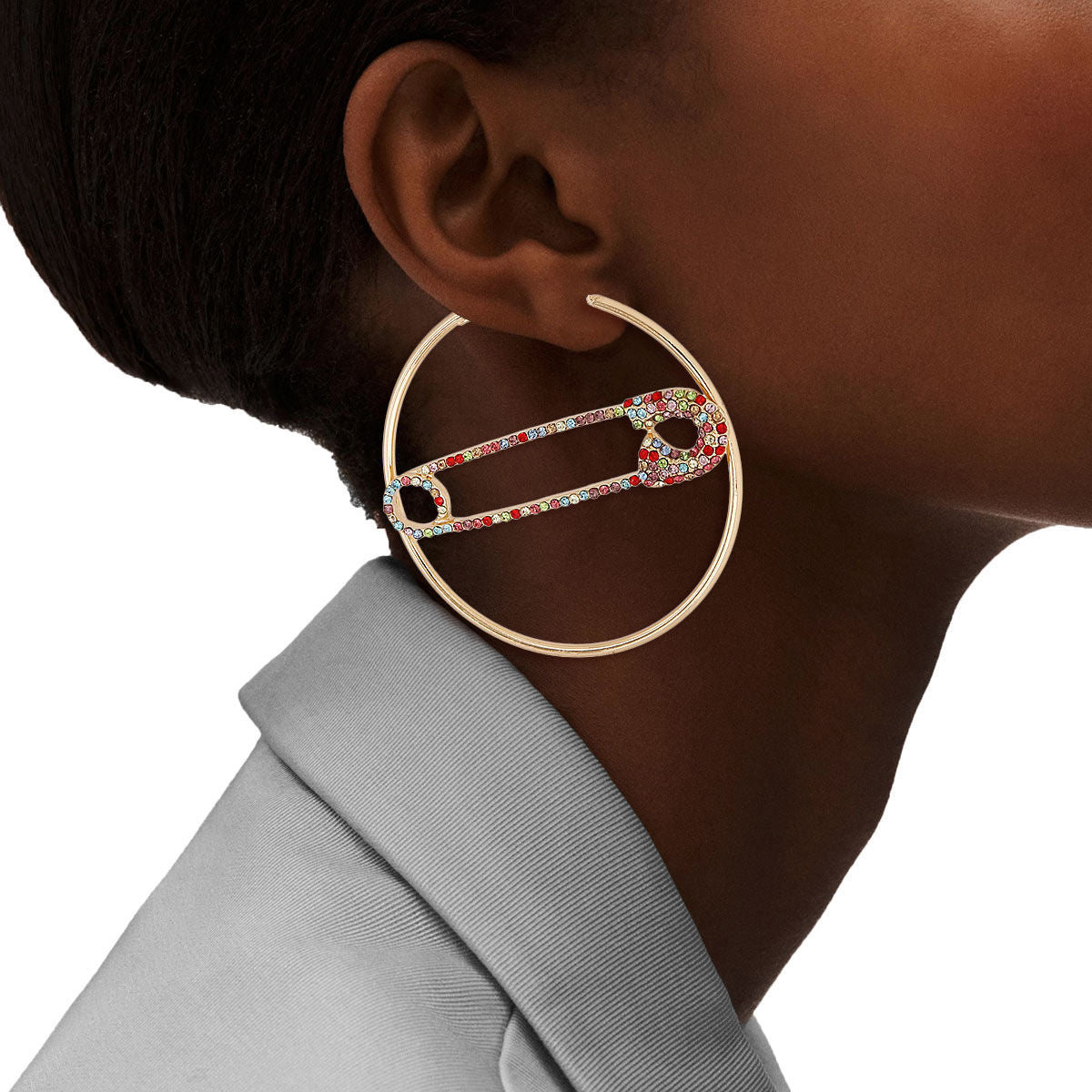 Multi Color Stone Safety Pin Hoops