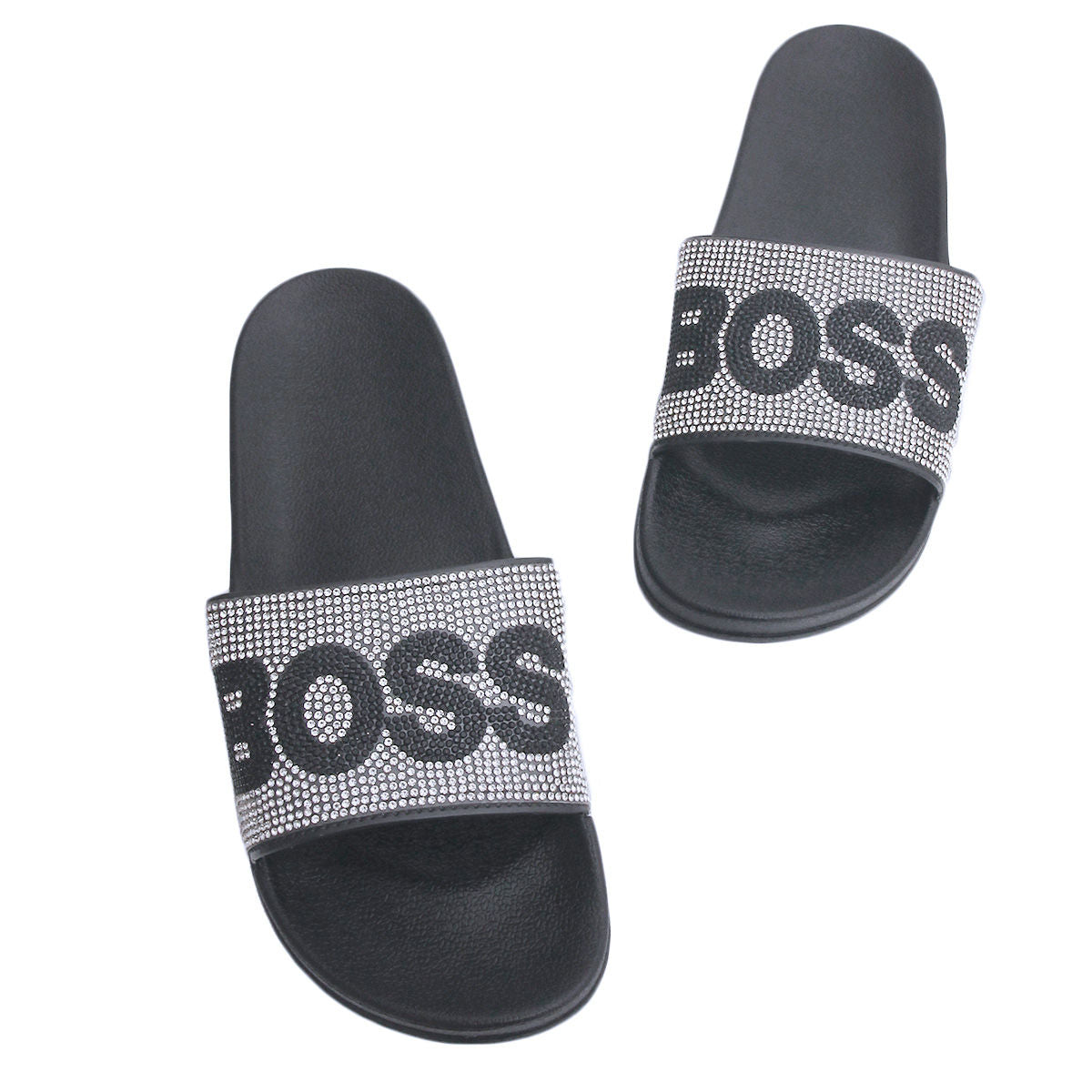 Size 11 Silver BOSS Black Slides