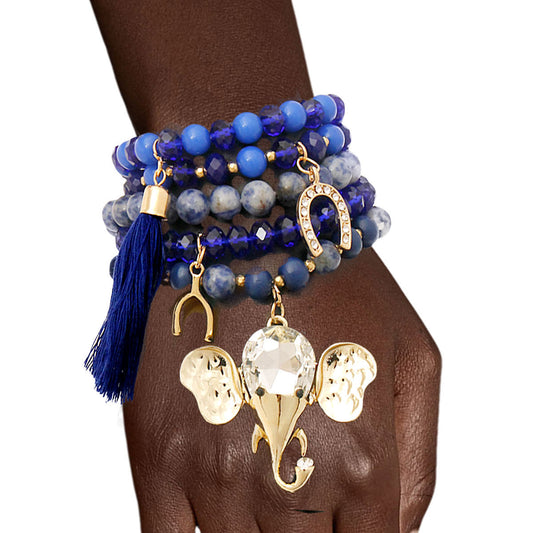 Blue Bead Elephant Charm Bracelet Set