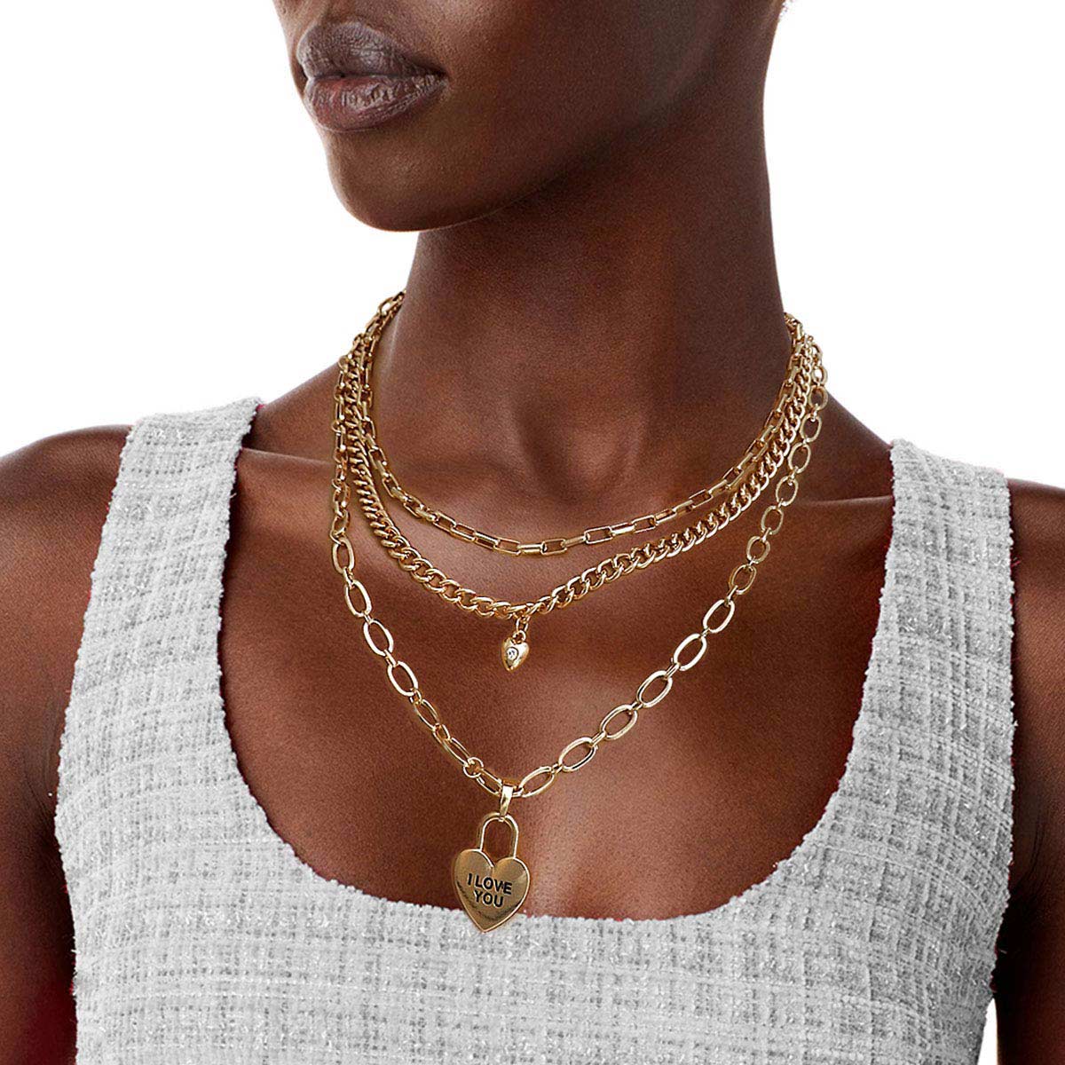 Gold 3 Layer Chain Locked Heart Necklace