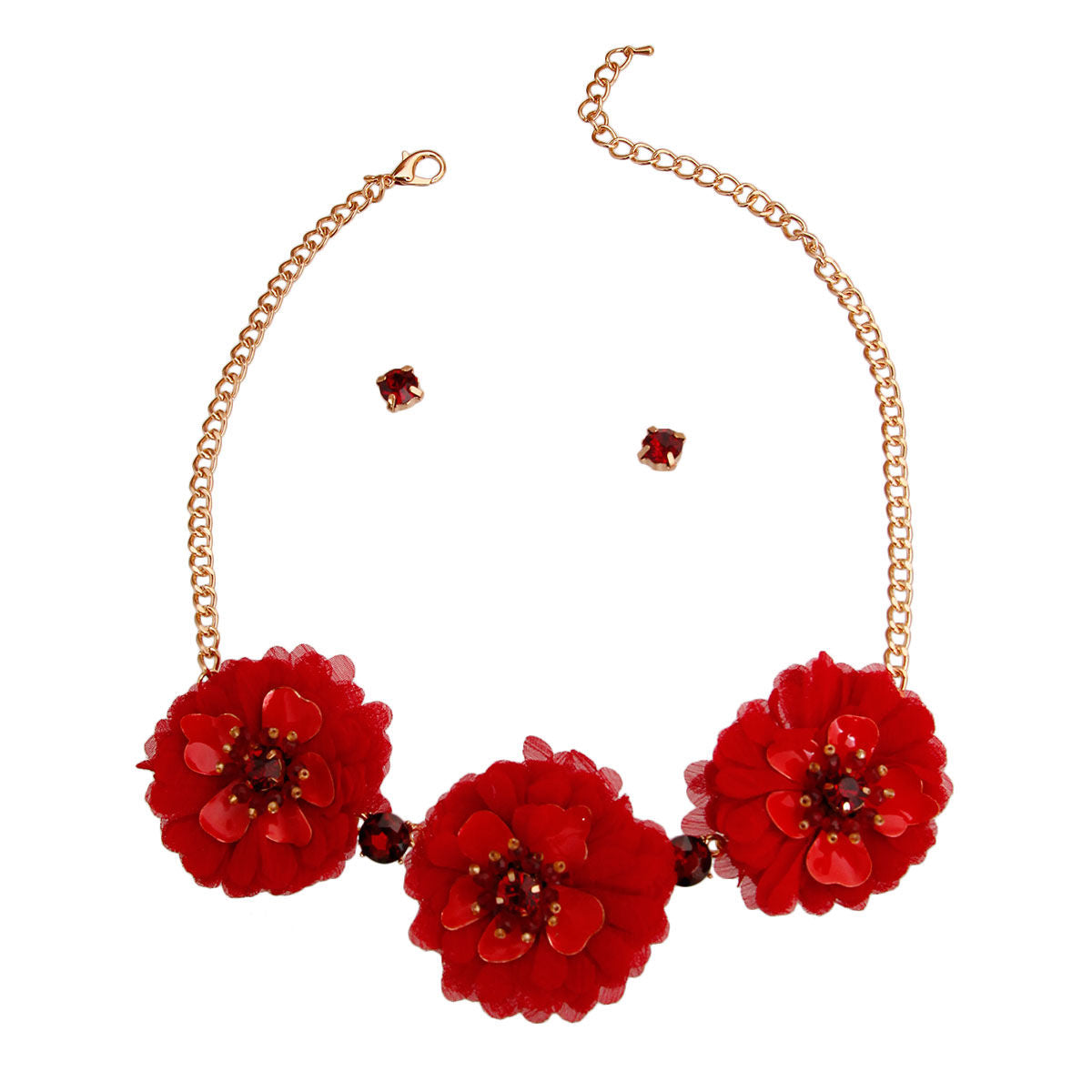 Red Fabric Flower Necklace Set