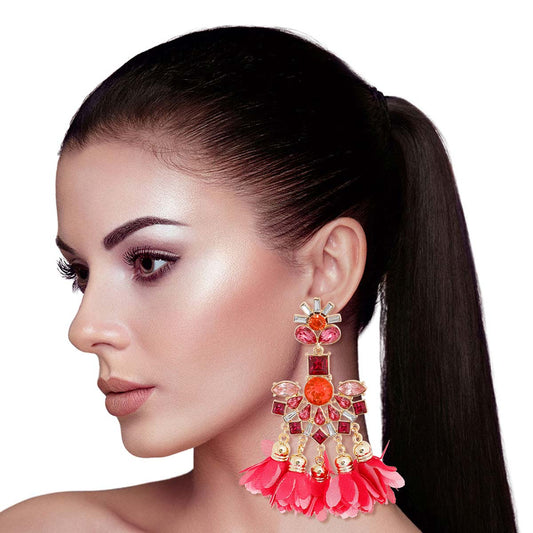 Pink Crystal Flower Tassel Earrings