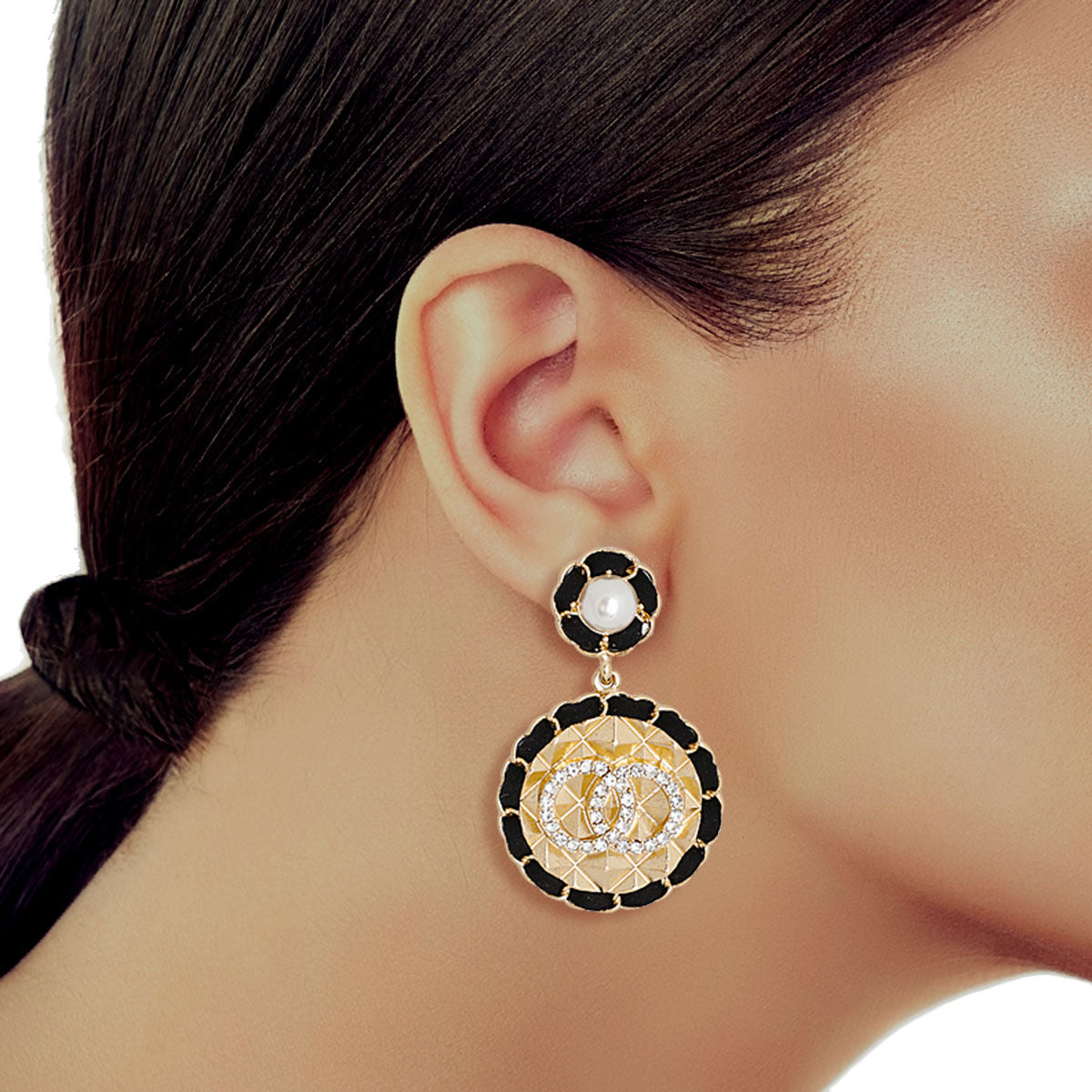 Gold and Black Round Designer Earrings