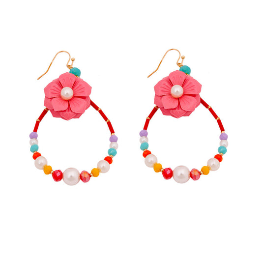 Multi Color Flower Teardrop Earrings with Pearl and Bead Detail