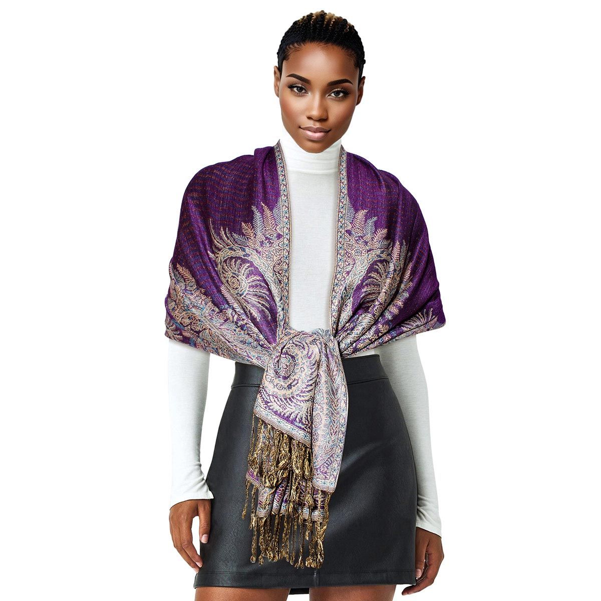 Pashmina Purple Boho Fringe Scarf for Women