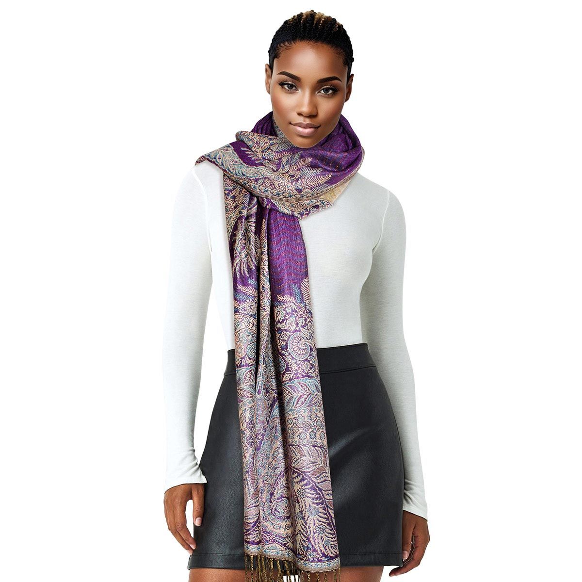 Pashmina Purple Boho Fringe Scarf for Women