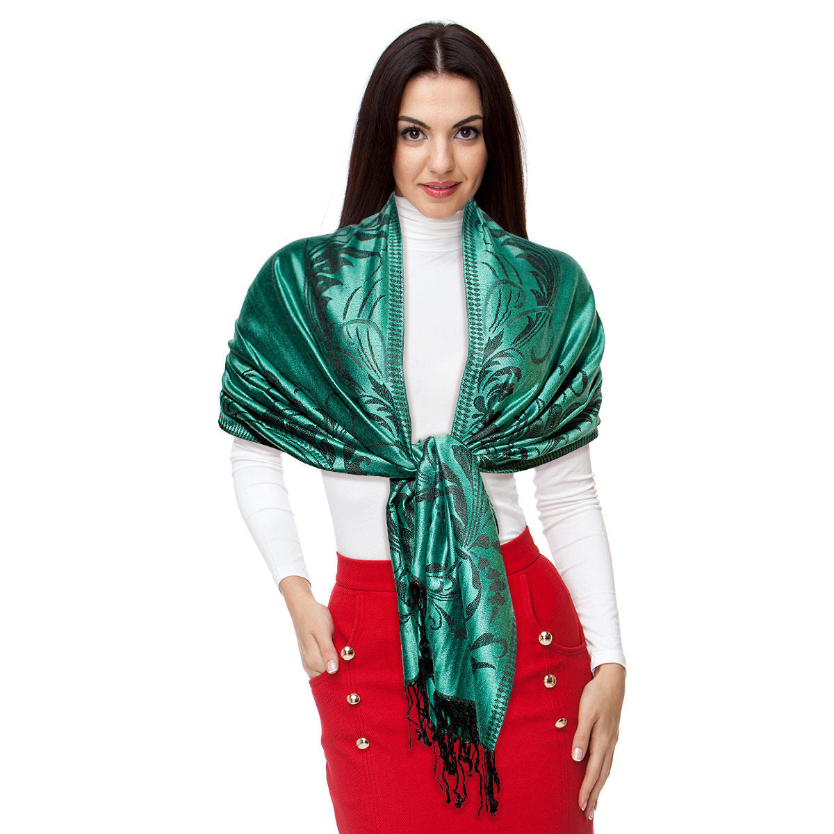 Pashmina Green Flower Fringe Scarf for Women