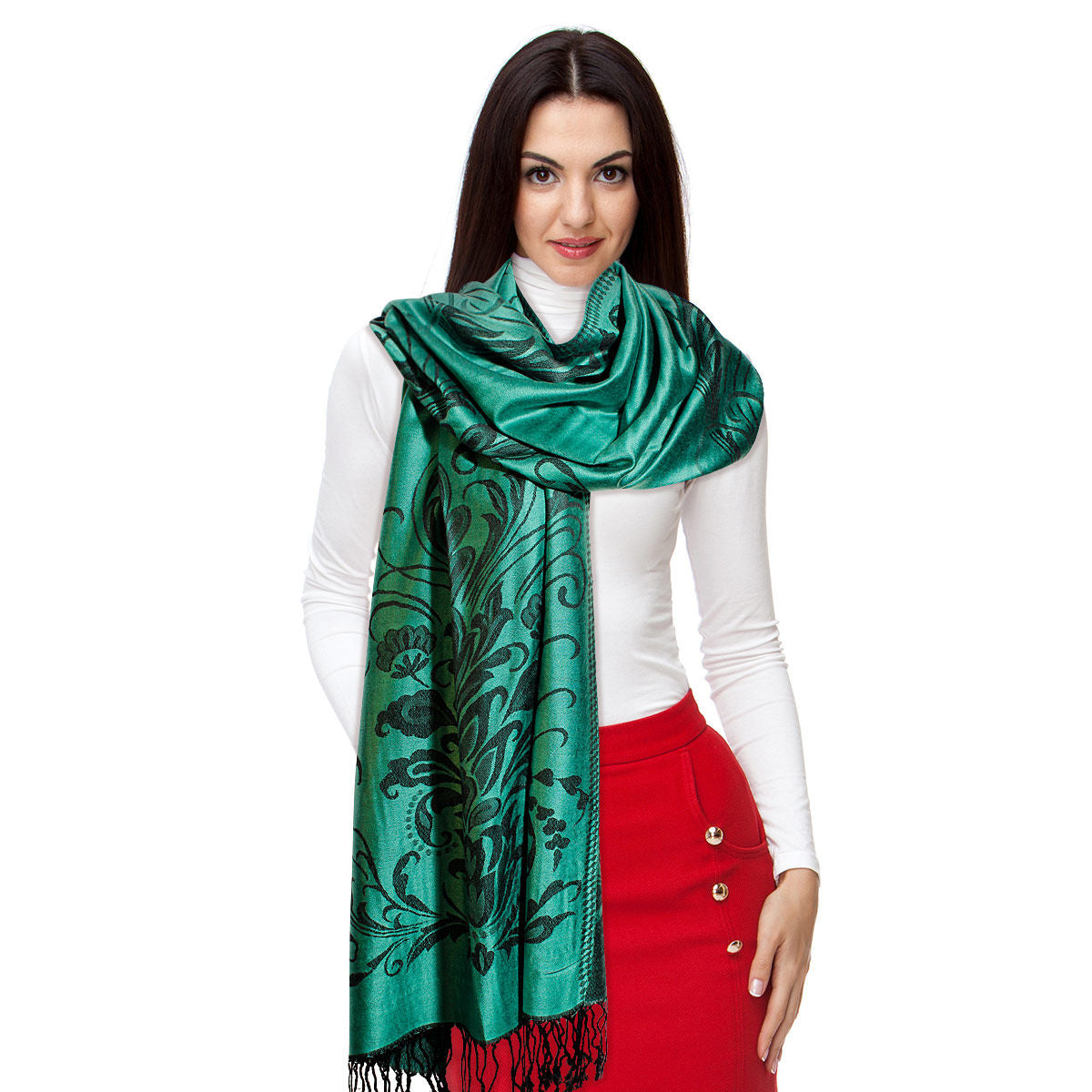 Pashmina Green Flower Fringe Scarf for Women